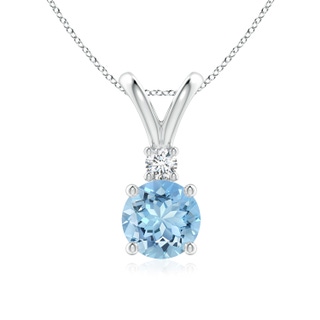 7mm AAAA Round Aquamarine Solitaire V-Bale Pendant with Diamond in White Gold
