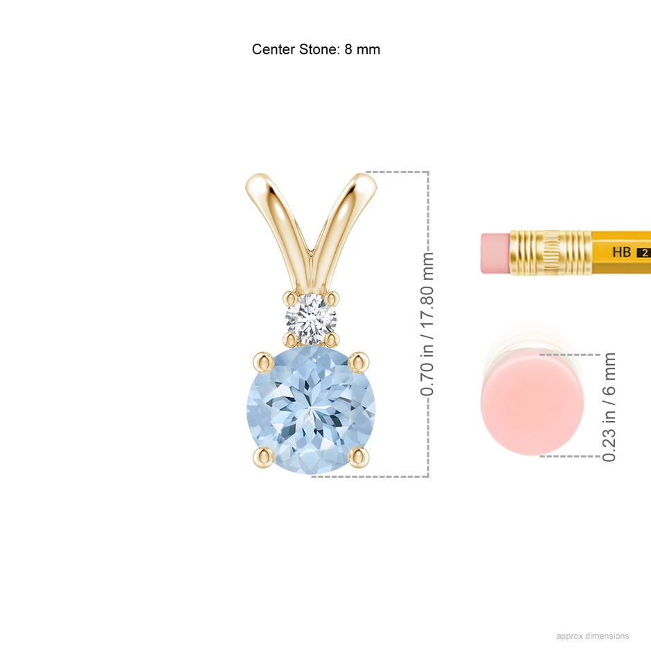 8mm AA Round Aquamarine Solitaire V-Bale Pendant with Diamond in Yellow Gold ruler