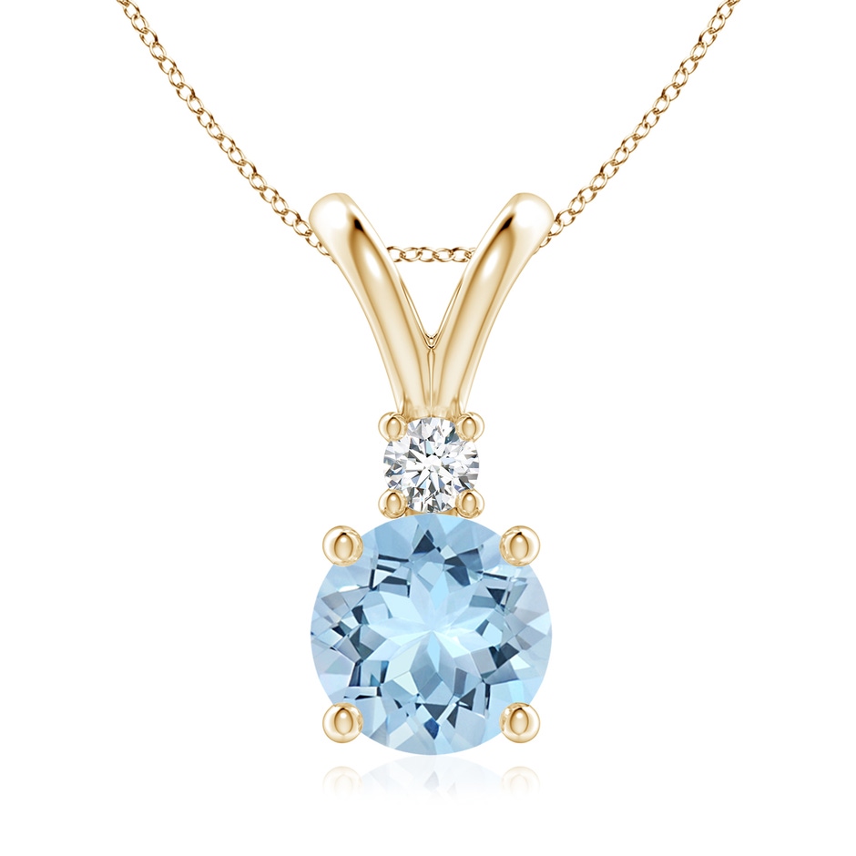 8mm AAA Round Aquamarine Solitaire V-Bale Pendant with Diamond in Yellow Gold 