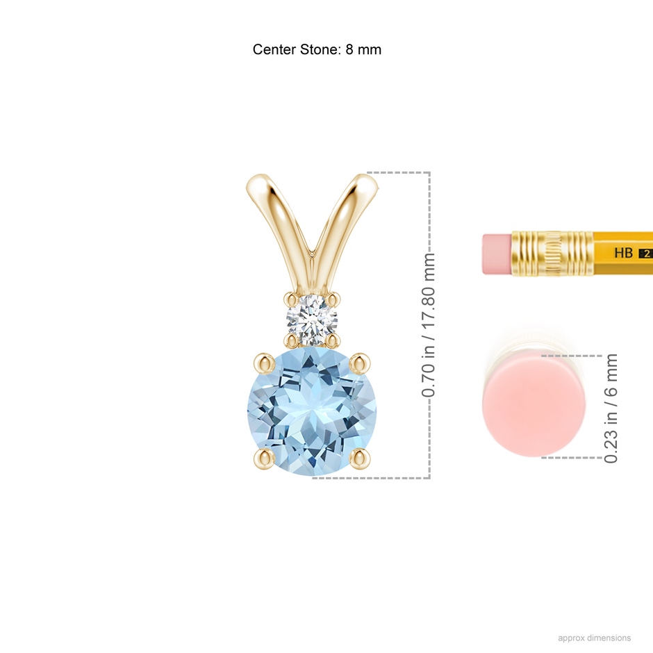 8mm AAA Round Aquamarine Solitaire V-Bale Pendant with Diamond in Yellow Gold ruler