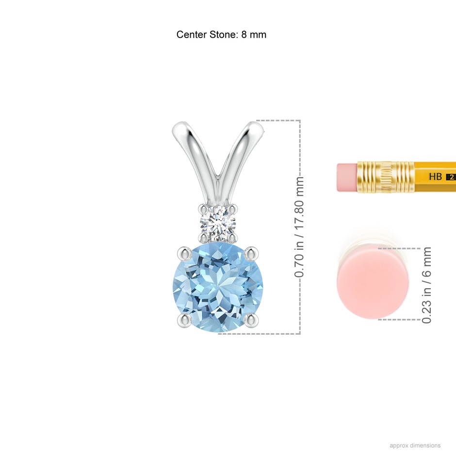 8mm AAAA Round Aquamarine Solitaire V-Bale Pendant with Diamond in White Gold ruler