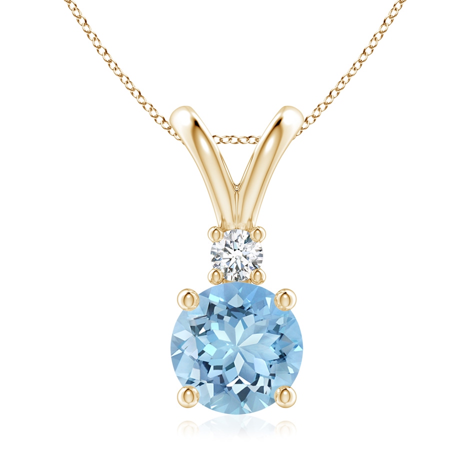 8mm AAAA Round Aquamarine Solitaire V-Bale Pendant with Diamond in Yellow Gold 