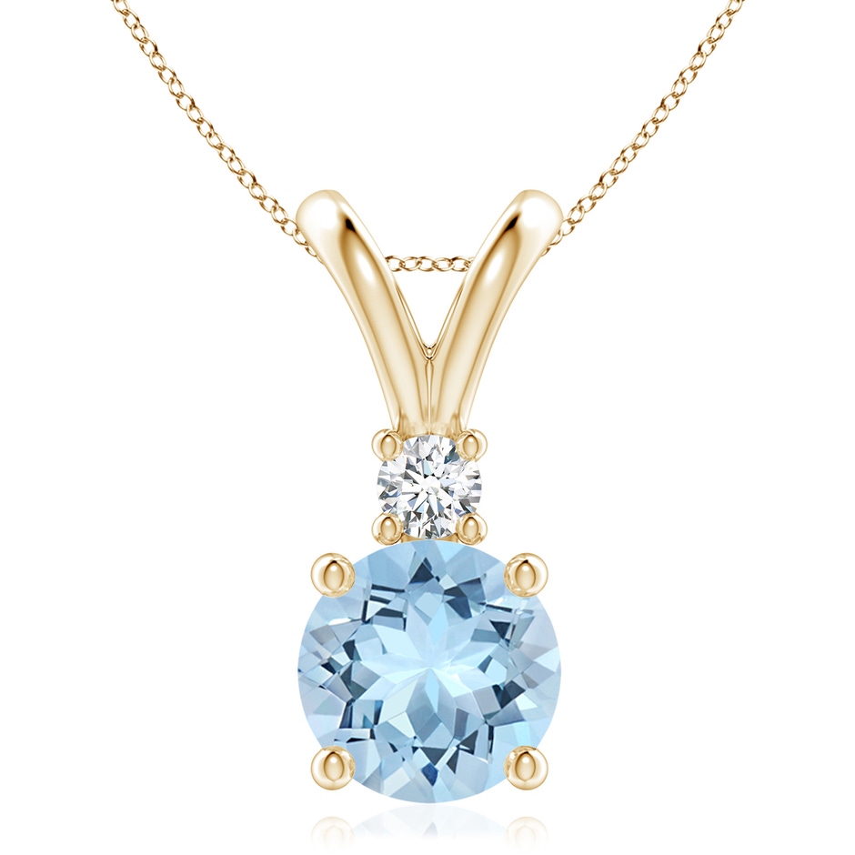 9mm AAA Round Aquamarine Solitaire V-Bale Pendant with Diamond in Yellow Gold 