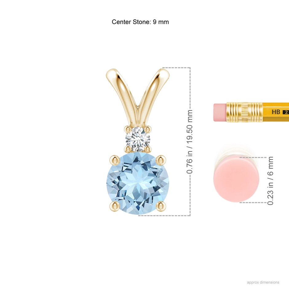 9mm AAA Round Aquamarine Solitaire V-Bale Pendant with Diamond in Yellow Gold ruler