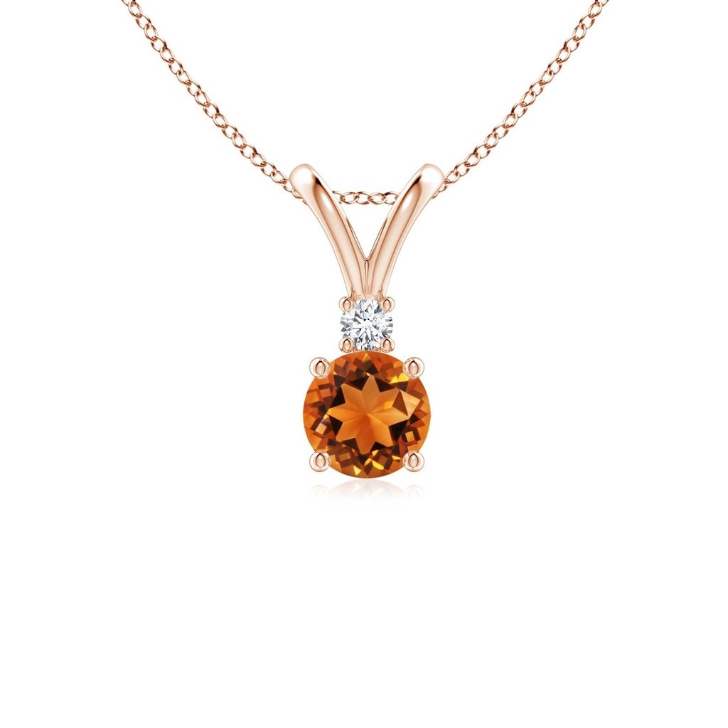 5mm AAAA Round Citrine Solitaire V-Bale Pendant with Diamond in Rose Gold