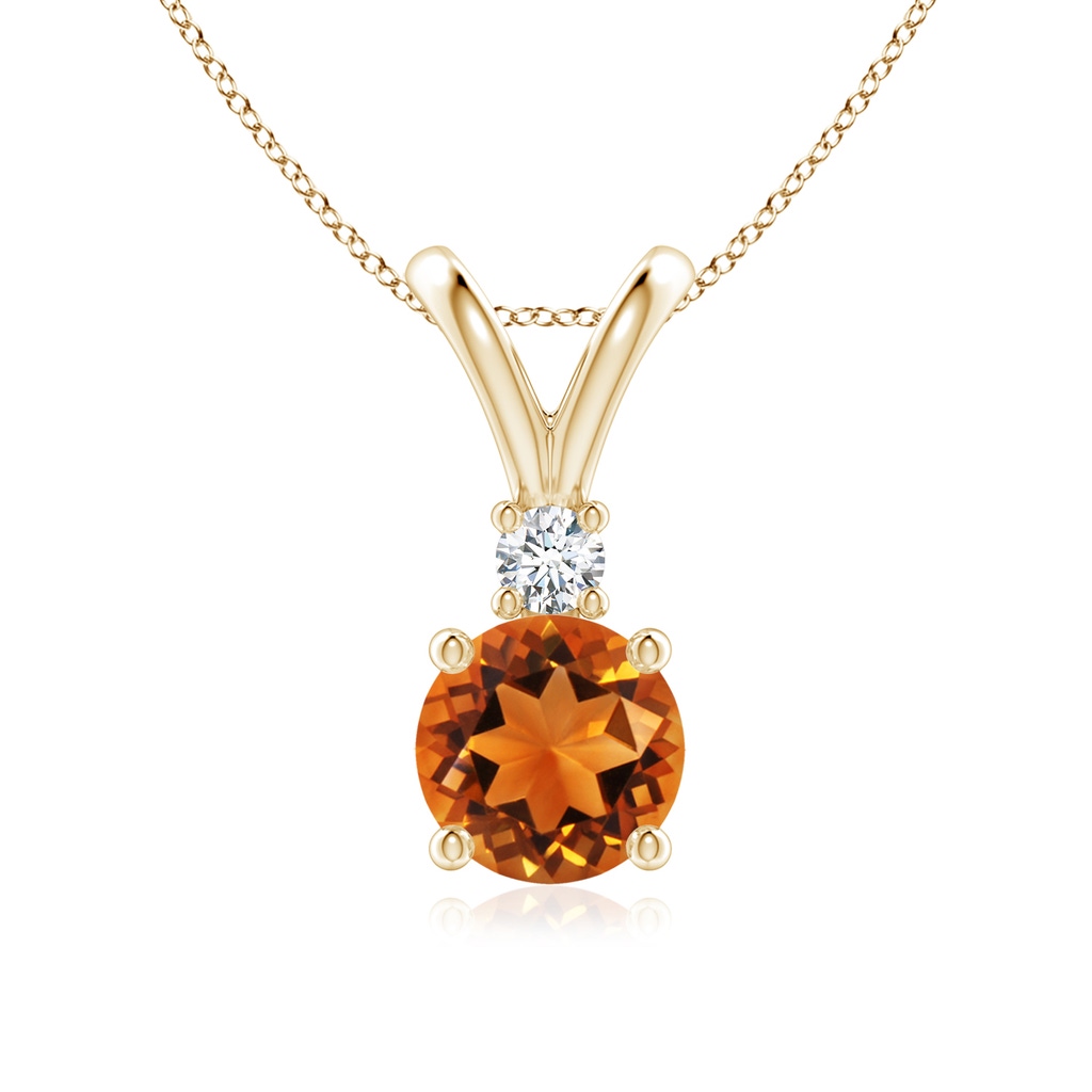 7mm AAAA Round Citrine Solitaire V-Bale Pendant with Diamond in Yellow Gold