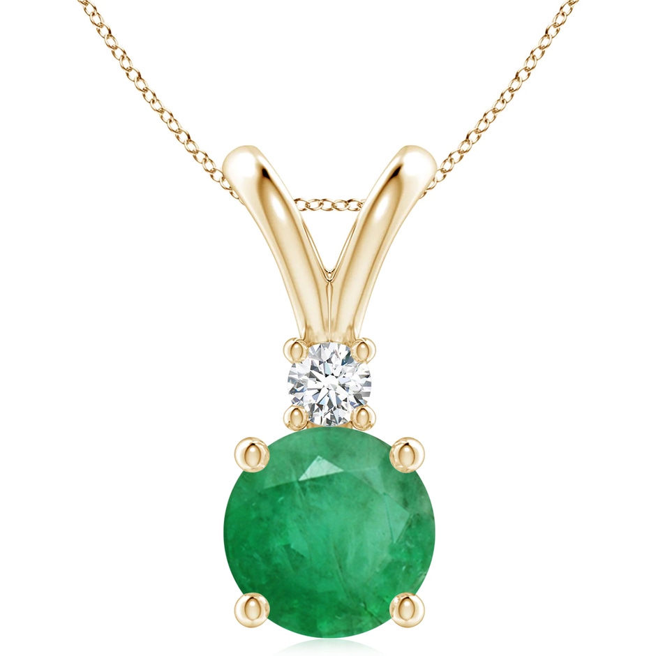 10mm A Round Emerald Solitaire V-Bale Pendant with Diamond in Yellow Gold 