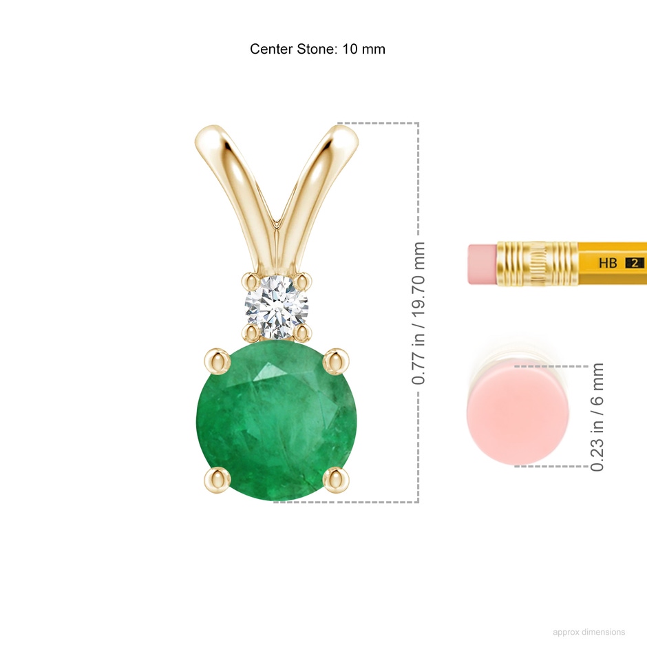 10mm A Round Emerald Solitaire V-Bale Pendant with Diamond in Yellow Gold ruler