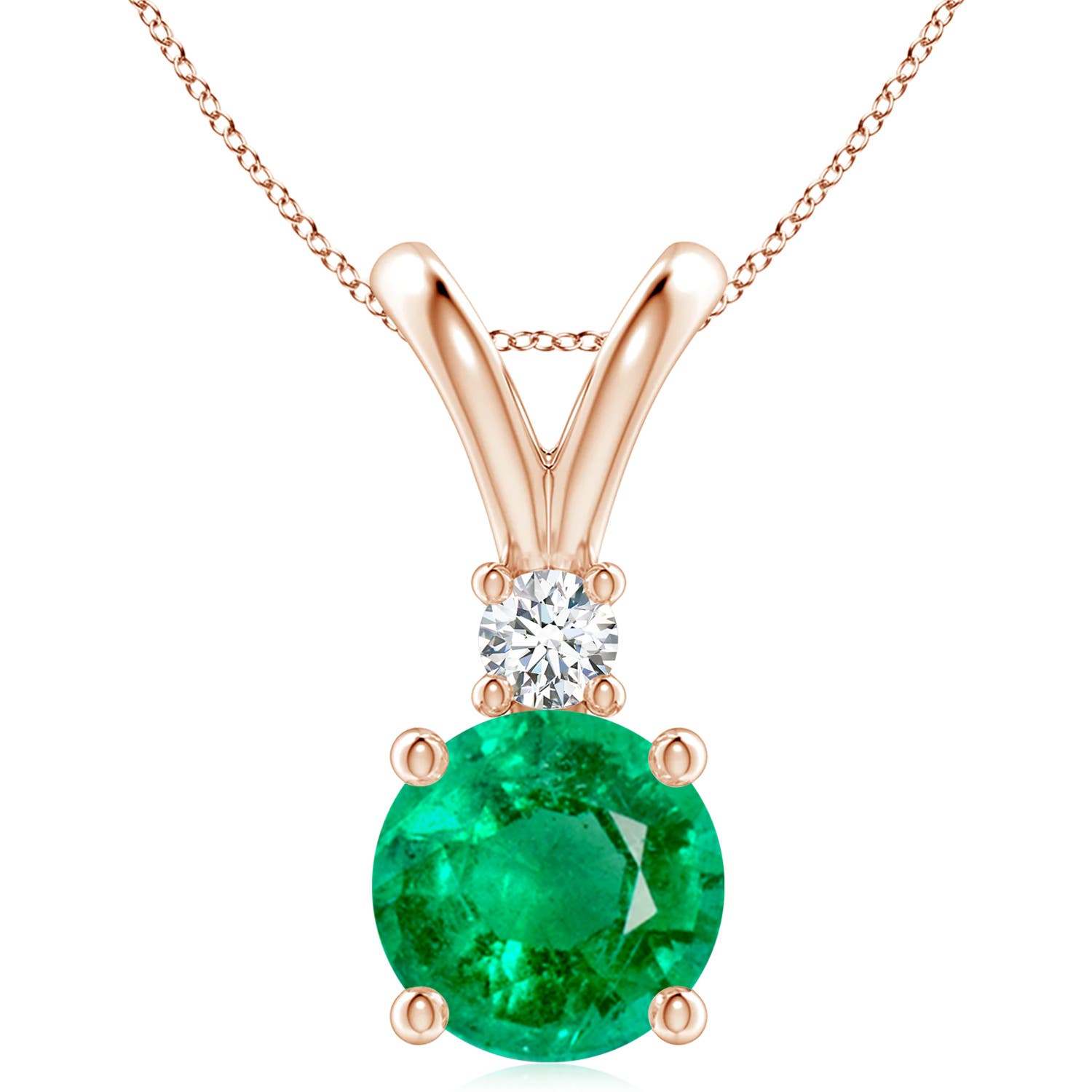 10mm AAA Round Emerald Solitaire V-Bale Pendant with Diamond in Rose Gold