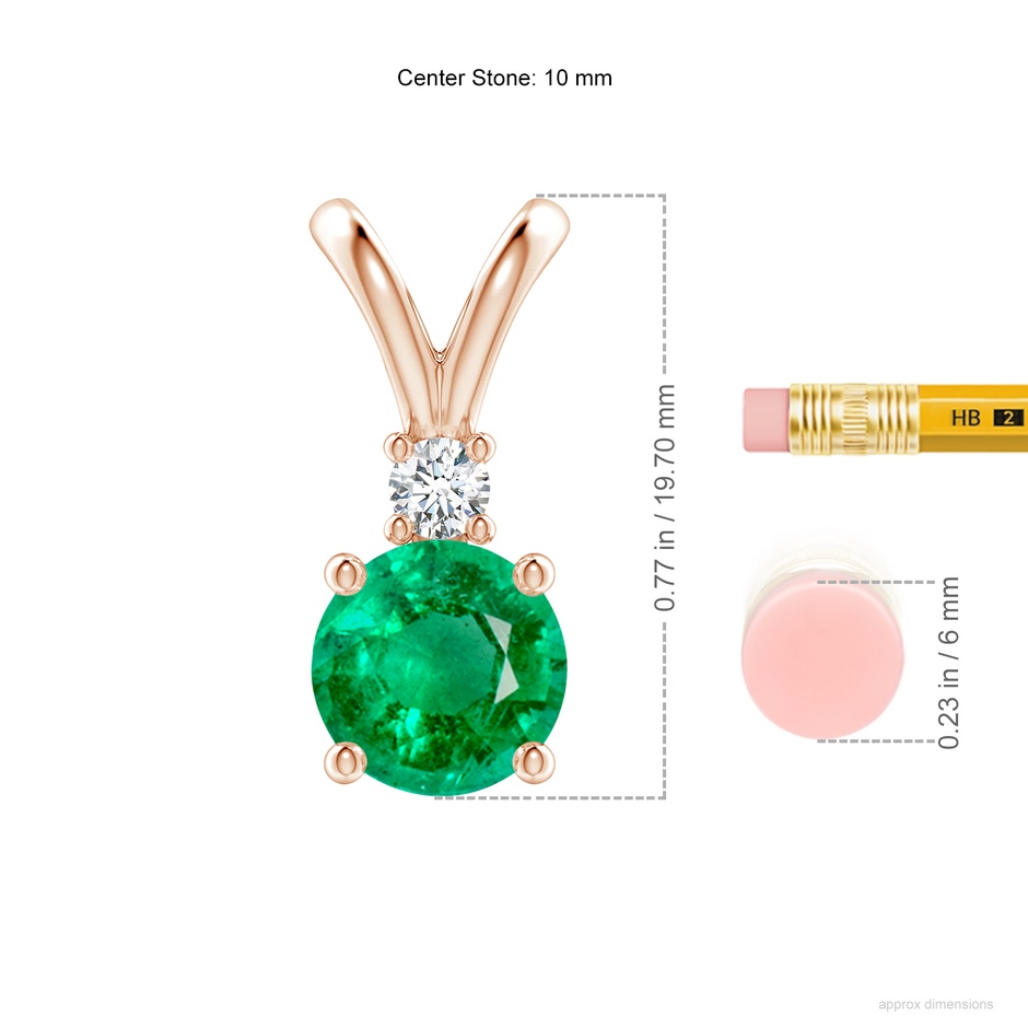 10mm AAA Round Emerald Solitaire V-Bale Pendant with Diamond in Rose Gold ruler