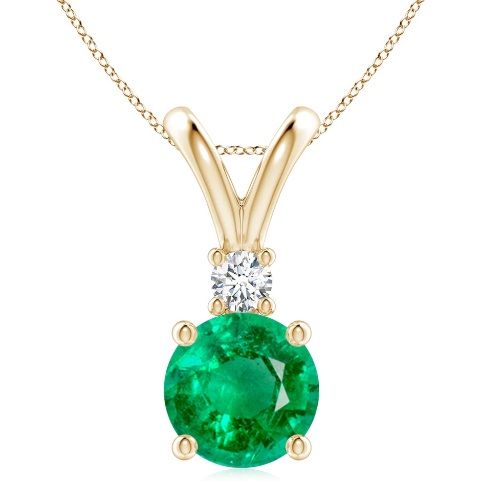 10mm AAA Round Emerald Solitaire V-Bale Pendant with Diamond in Yellow Gold 
