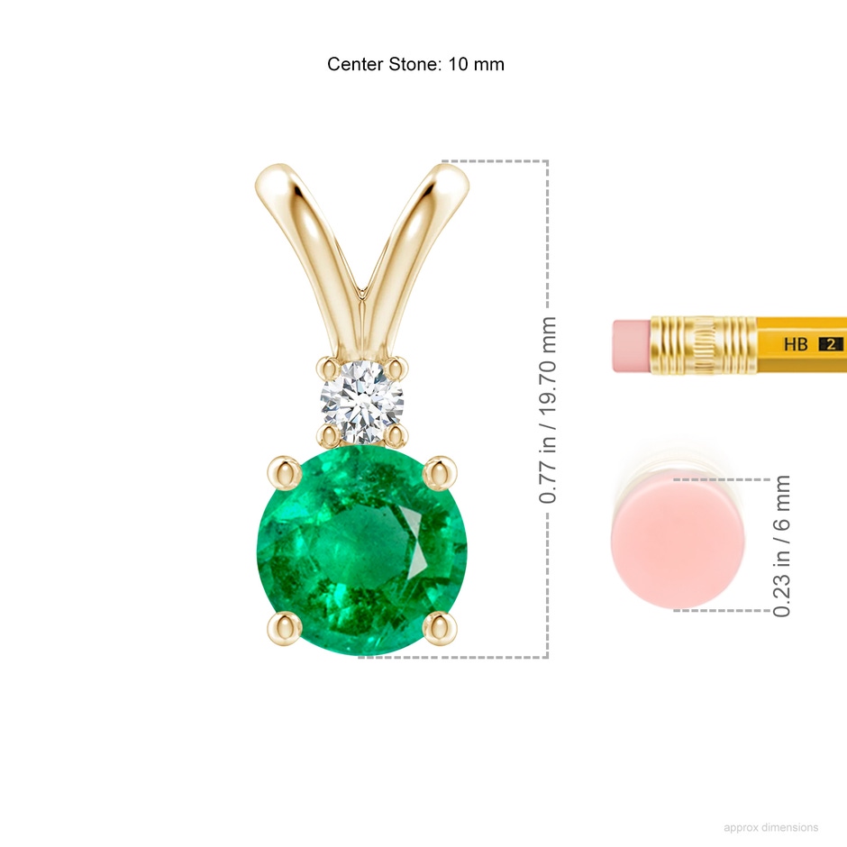 10mm AAA Round Emerald Solitaire V-Bale Pendant with Diamond in Yellow Gold ruler