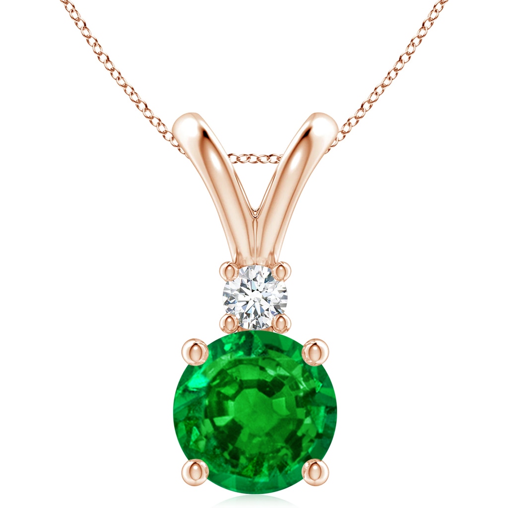 10mm AAAA Round Emerald Solitaire V-Bale Pendant with Diamond in Rose Gold