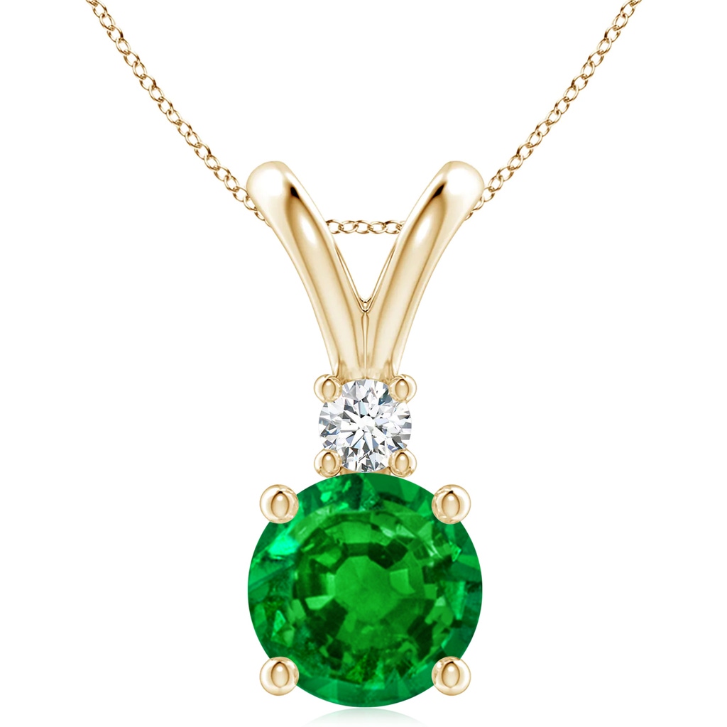 10mm AAAA Round Emerald Solitaire V-Bale Pendant with Diamond in Yellow Gold