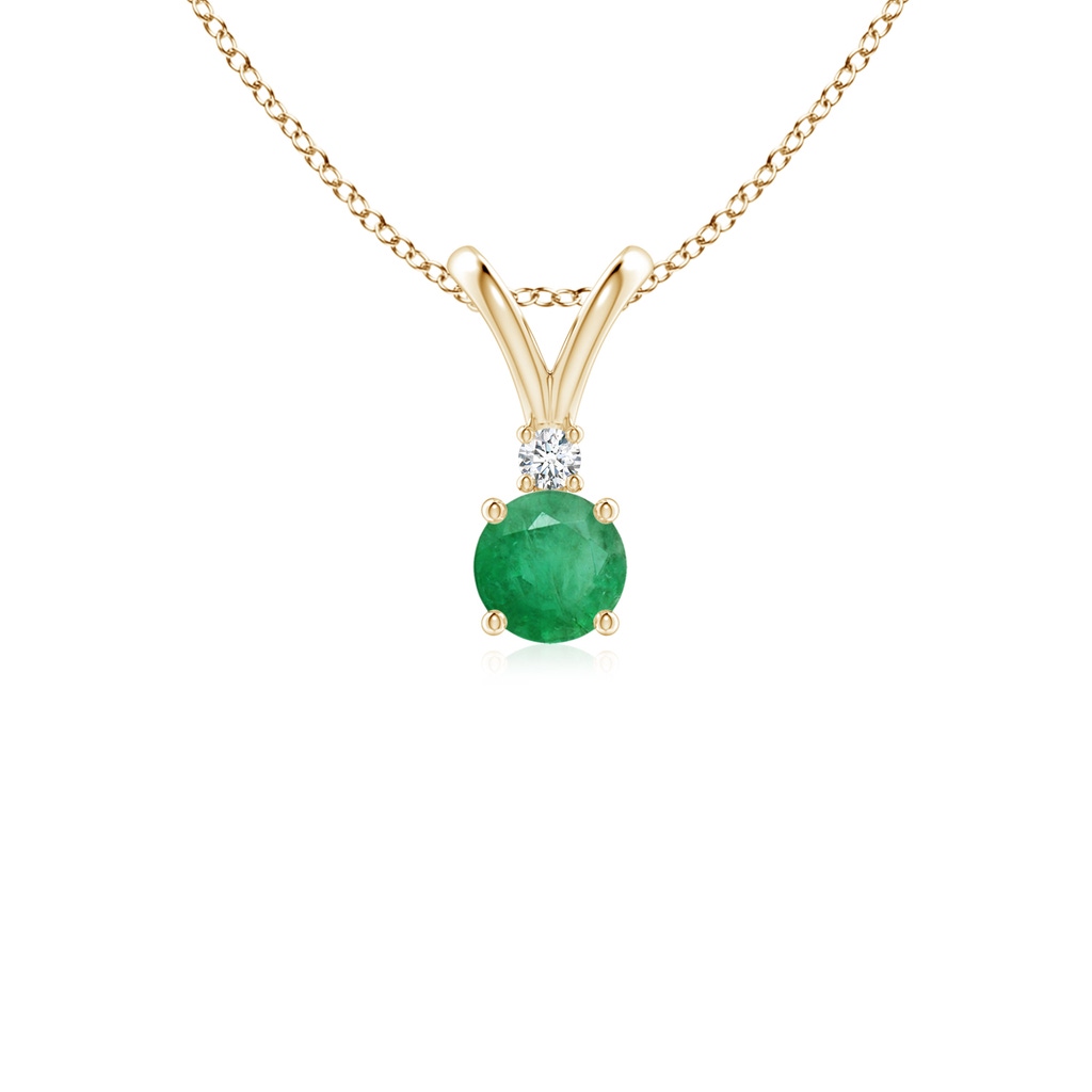 4mm A Round Emerald Solitaire V-Bale Pendant with Diamond in Yellow Gold