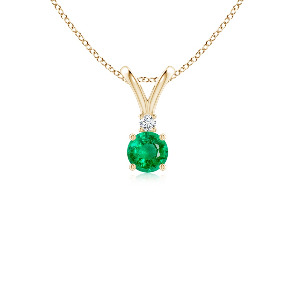 4mm AAA Round Emerald Solitaire V-Bale Pendant with Diamond in Yellow Gold 