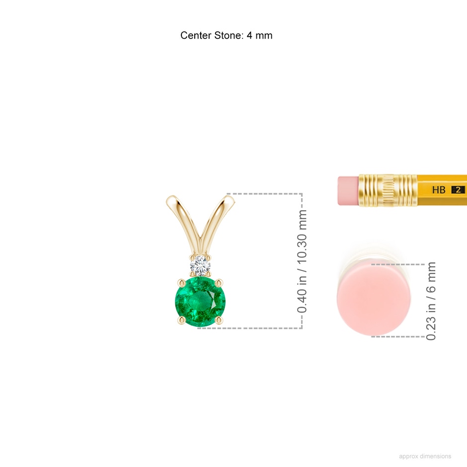 4mm AAA Round Emerald Solitaire V-Bale Pendant with Diamond in Yellow Gold ruler