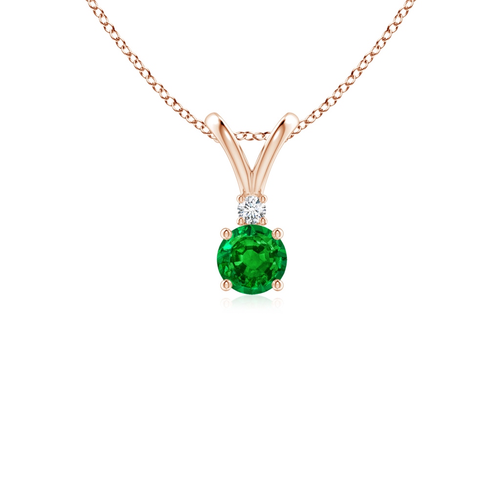 4mm AAAA Round Emerald Solitaire V-Bale Pendant with Diamond in Rose Gold