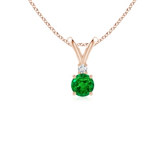 4mm AAAA Round Emerald Solitaire V-Bale Pendant with Diamond in Rose Gold