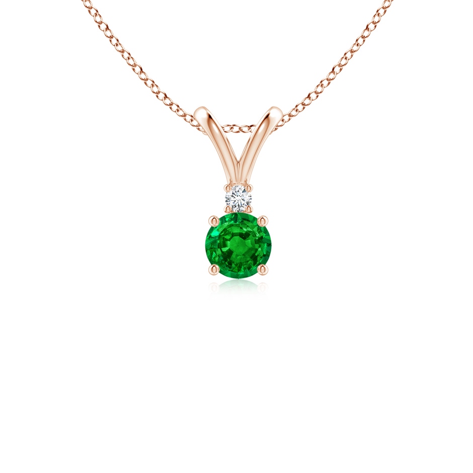 4mm AAAA Round Emerald Solitaire V-Bale Pendant with Diamond in Rose Gold 