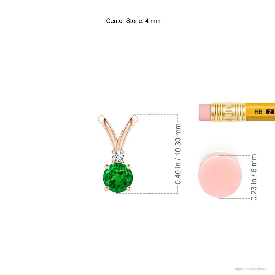 4mm AAAA Round Emerald Solitaire V-Bale Pendant with Diamond in Rose Gold ruler