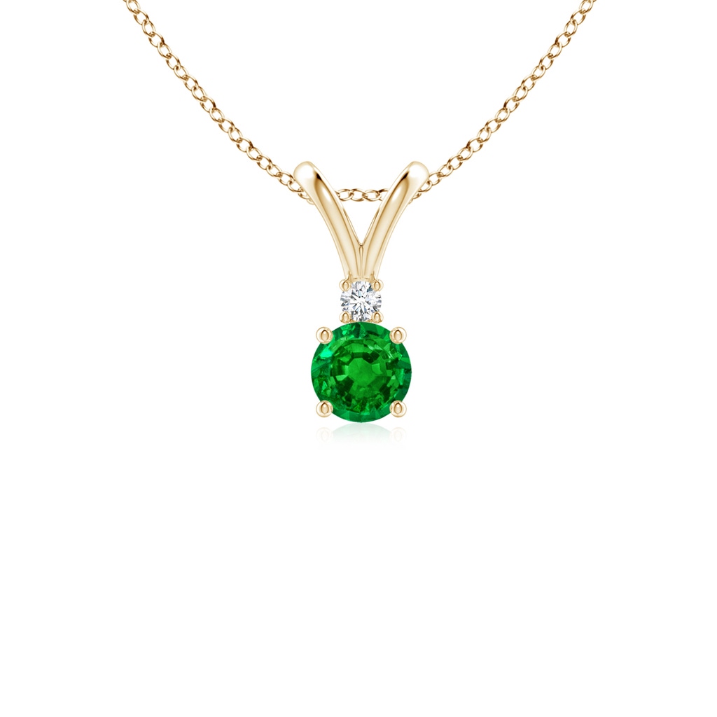 4mm AAAA Round Emerald Solitaire V-Bale Pendant with Diamond in Yellow Gold