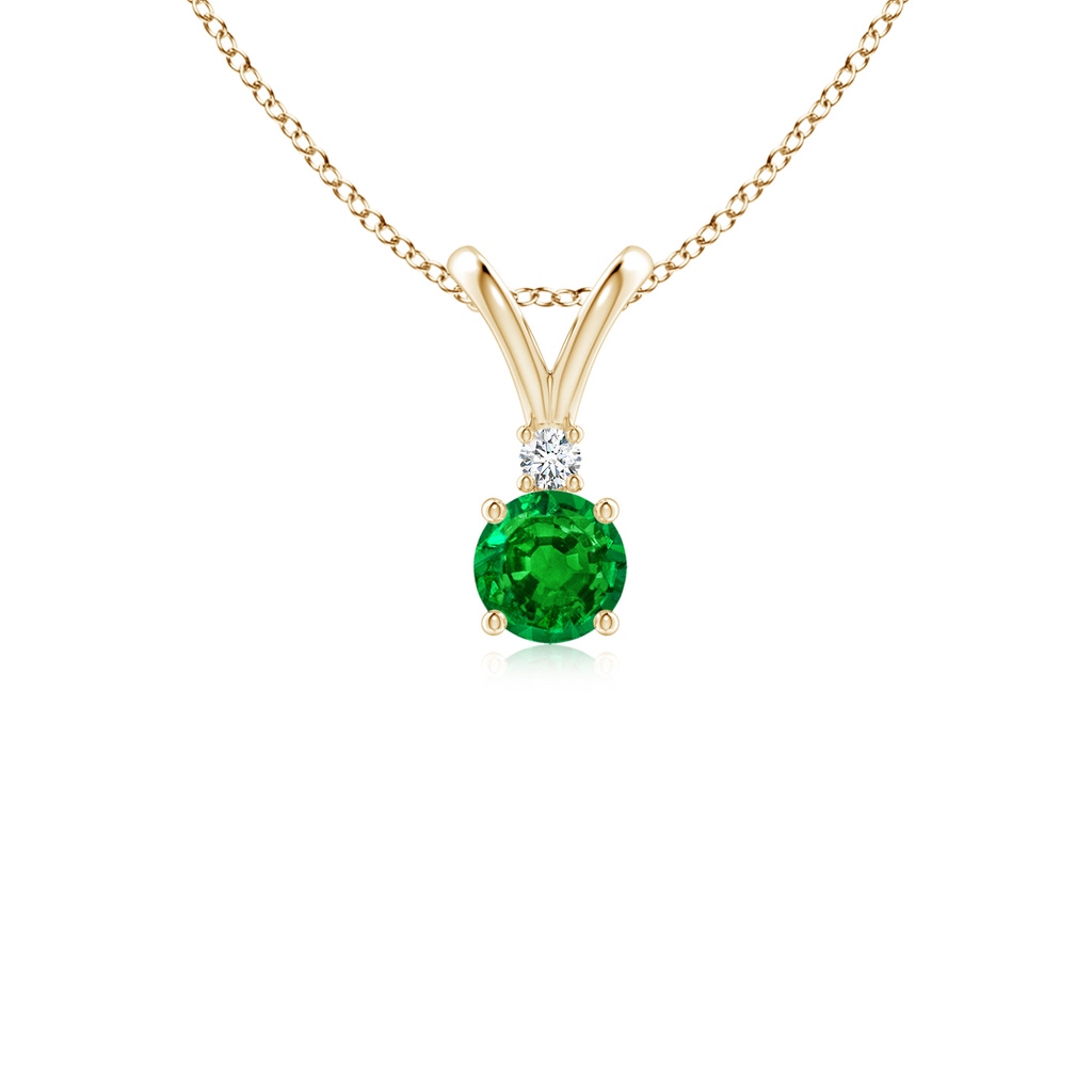 4mm AAAA Round Emerald Solitaire V-Bale Pendant with Diamond in Yellow Gold