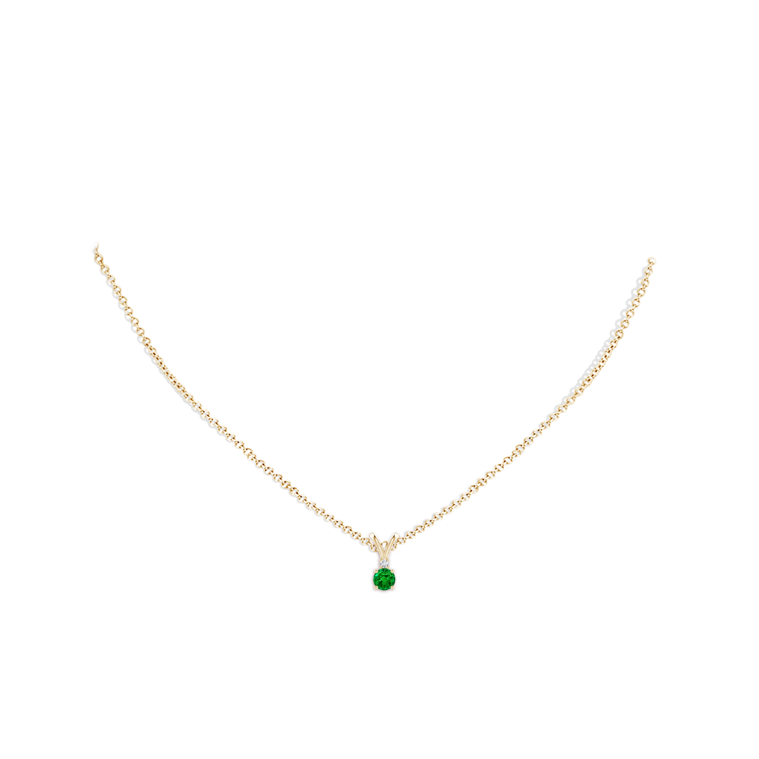 4mm AAAA Round Emerald Solitaire V-Bale Pendant with Diamond in Yellow Gold - body_neck