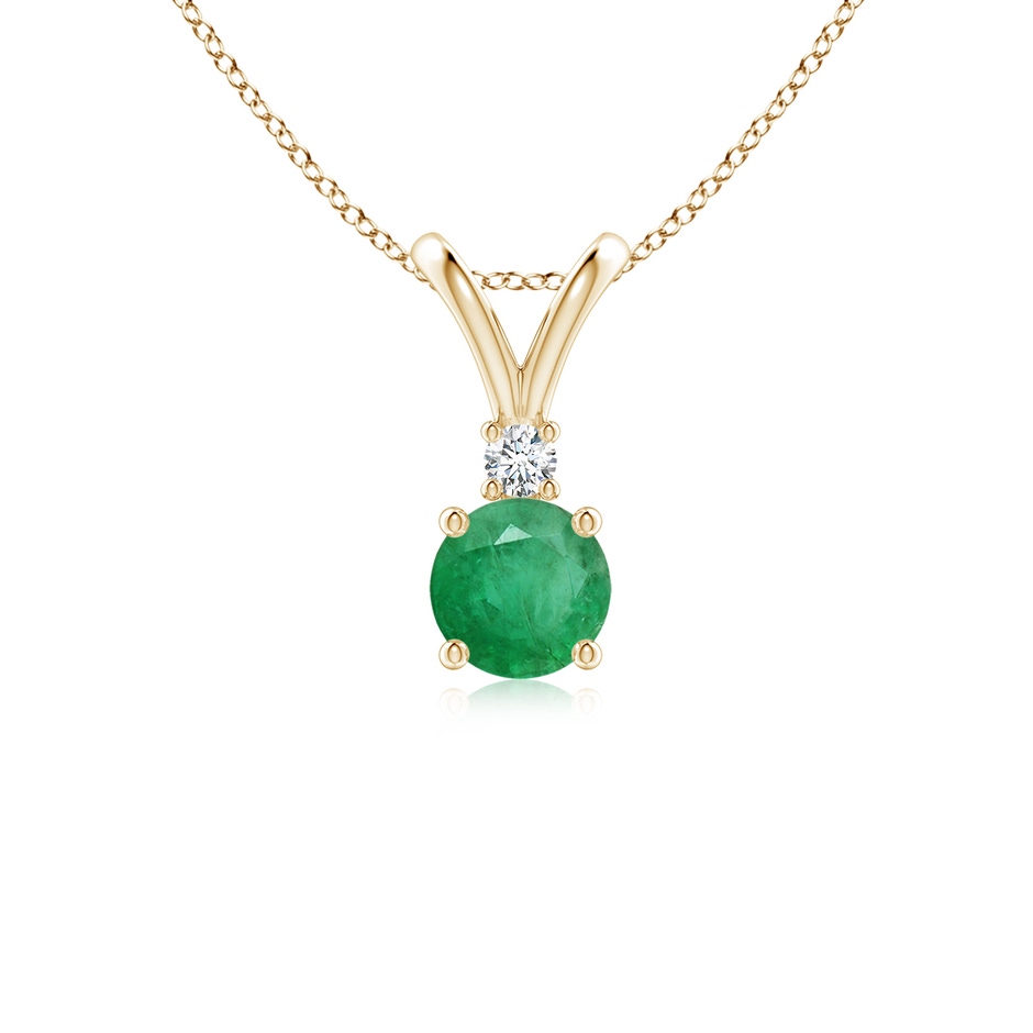 5mm A Round Emerald Solitaire V-Bale Pendant with Diamond in Yellow Gold 