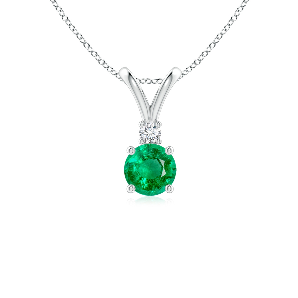 5mm AAA Round Emerald Solitaire V-Bale Pendant with Diamond in White Gold