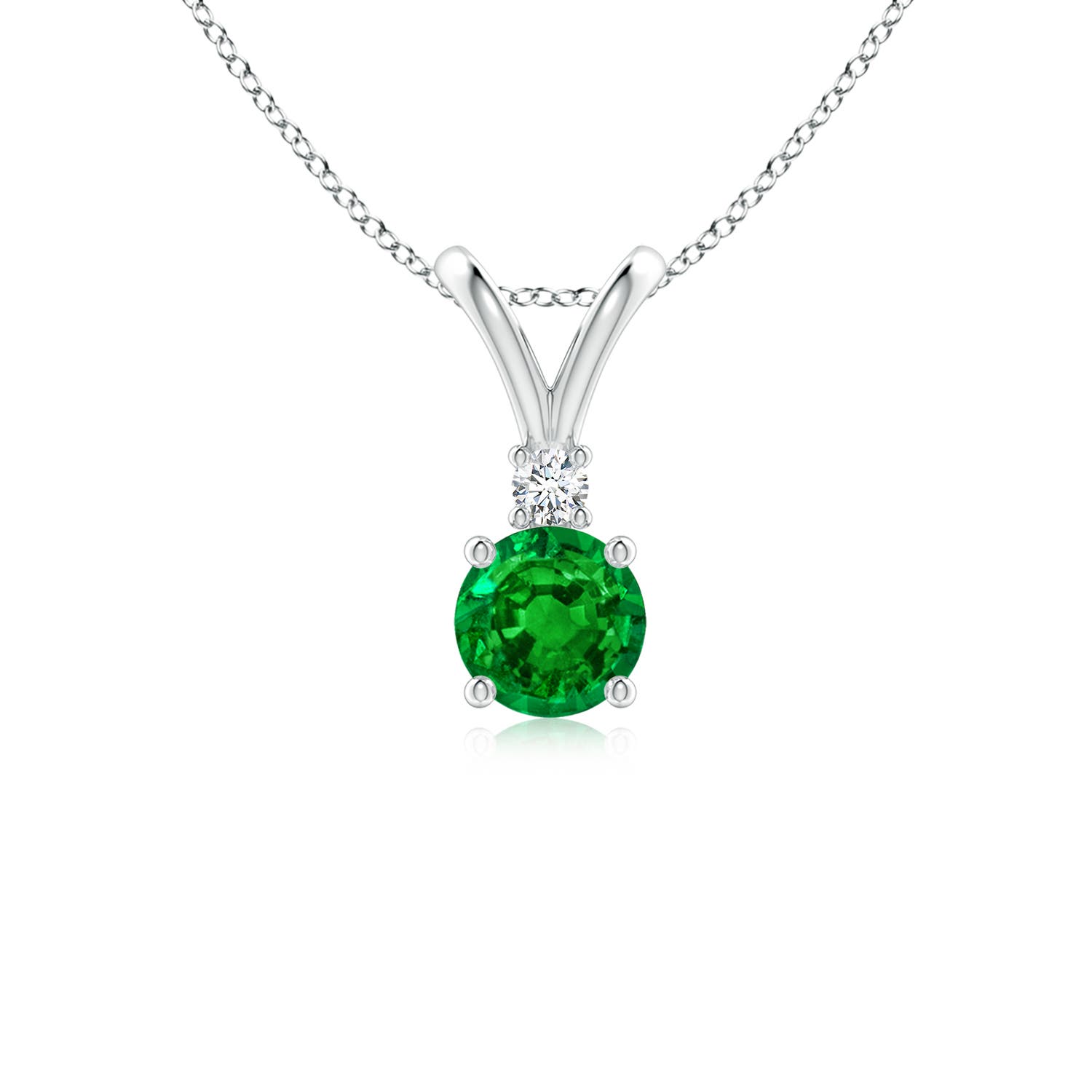 5mm AAAA Round Emerald Solitaire V-Bale Pendant with Diamond in White Gold