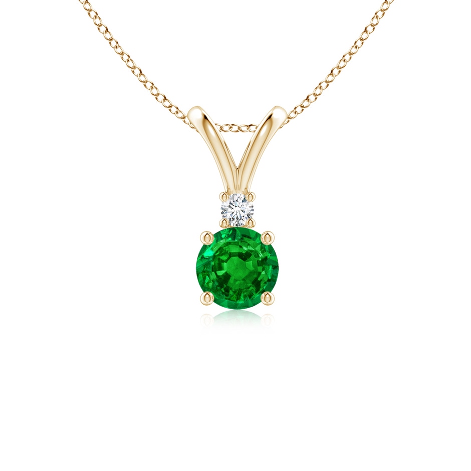 5mm AAAA Round Emerald Solitaire V-Bale Pendant with Diamond in Yellow Gold 