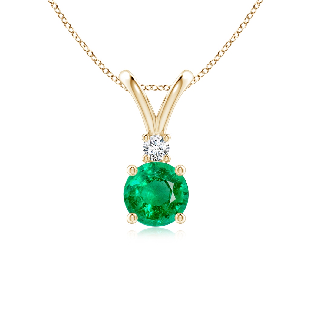 6mm AAA Round Emerald Solitaire V-Bale Pendant with Diamond in Yellow Gold