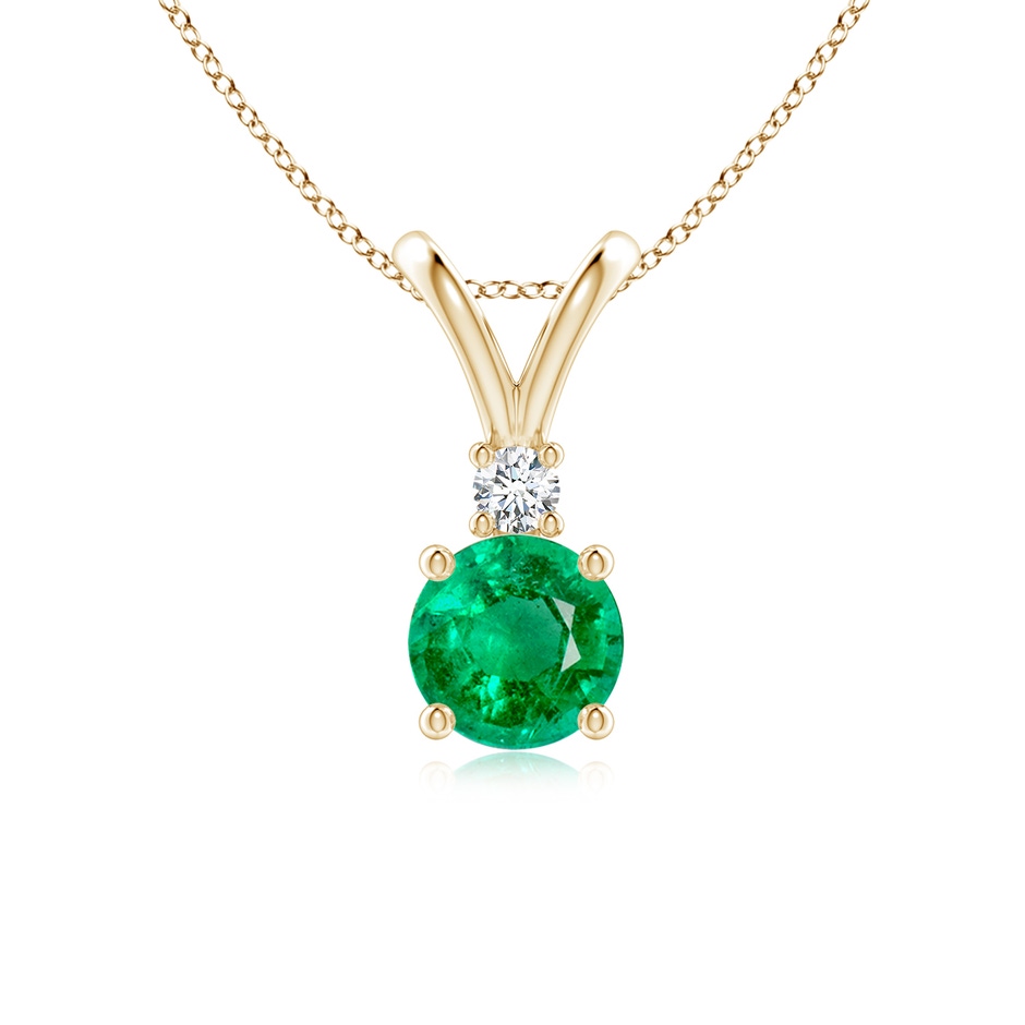 6mm AAA Round Emerald Solitaire V-Bale Pendant with Diamond in Yellow Gold 