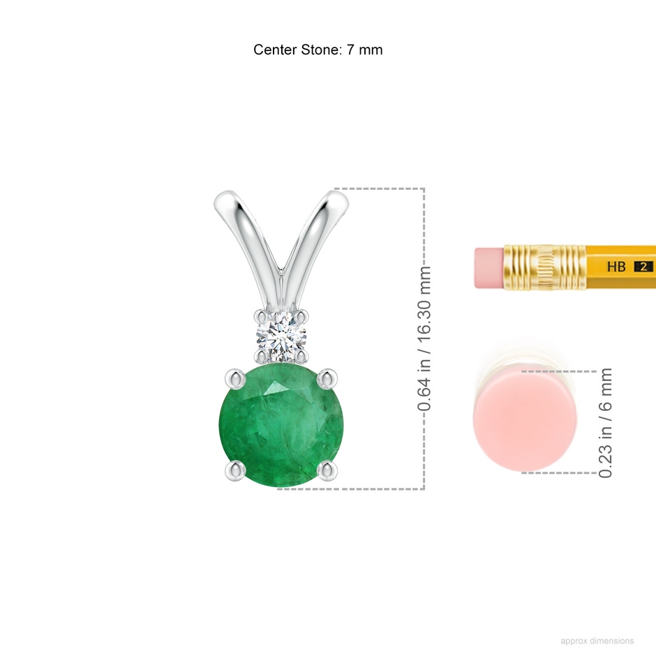 7mm A Round Emerald Solitaire V-Bale Pendant with Diamond in White Gold ruler