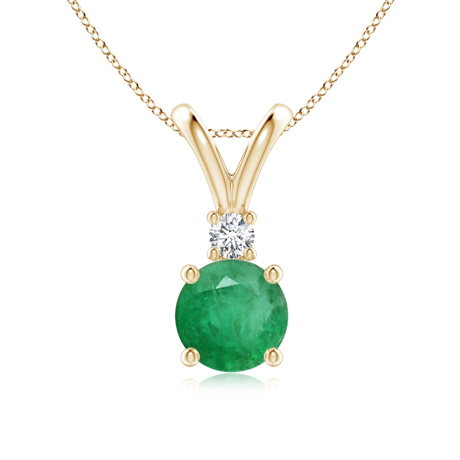 7mm A Round Emerald Solitaire V-Bale Pendant with Diamond in Yellow Gold 
