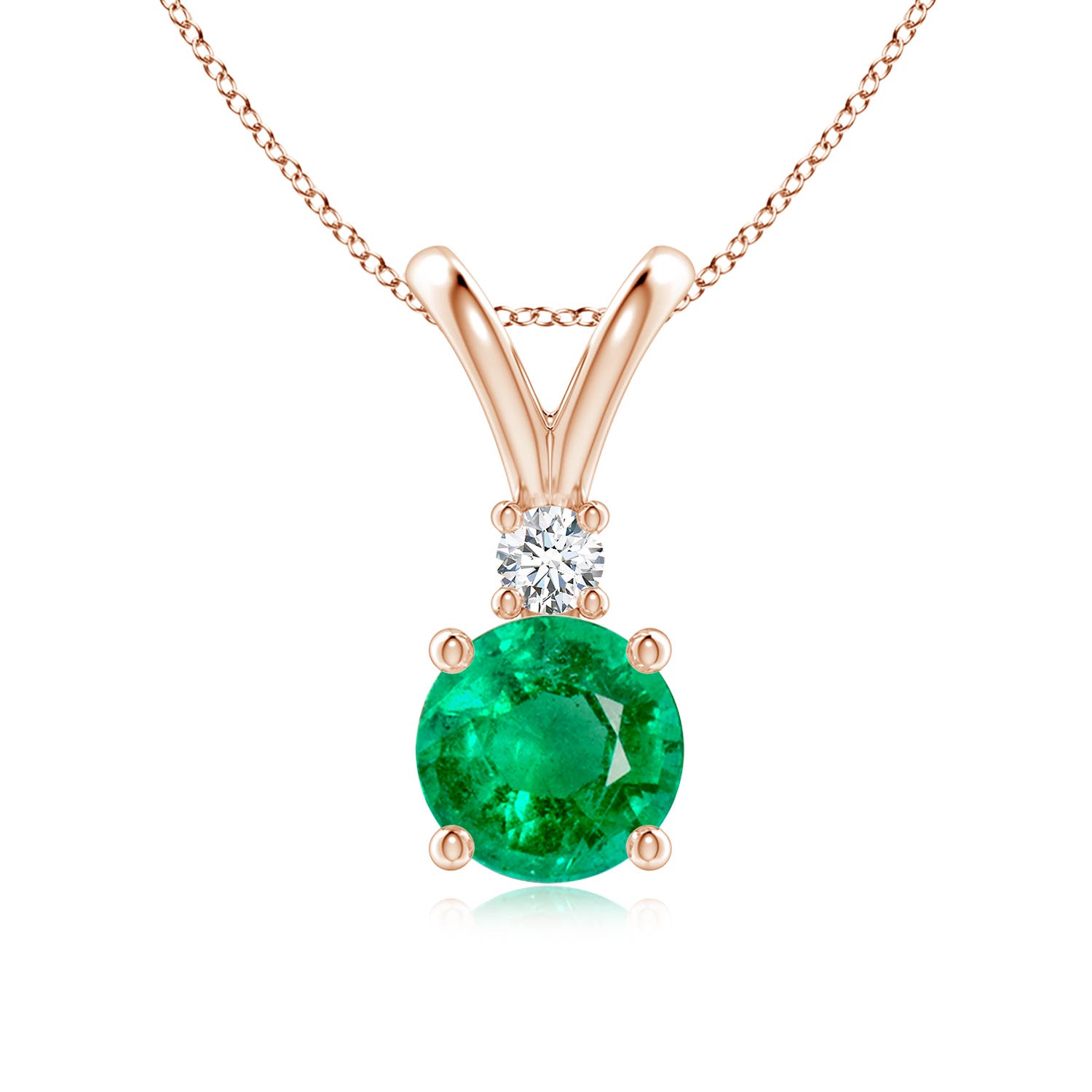 7mm AAA Round Emerald Solitaire V-Bale Pendant with Diamond in Rose Gold