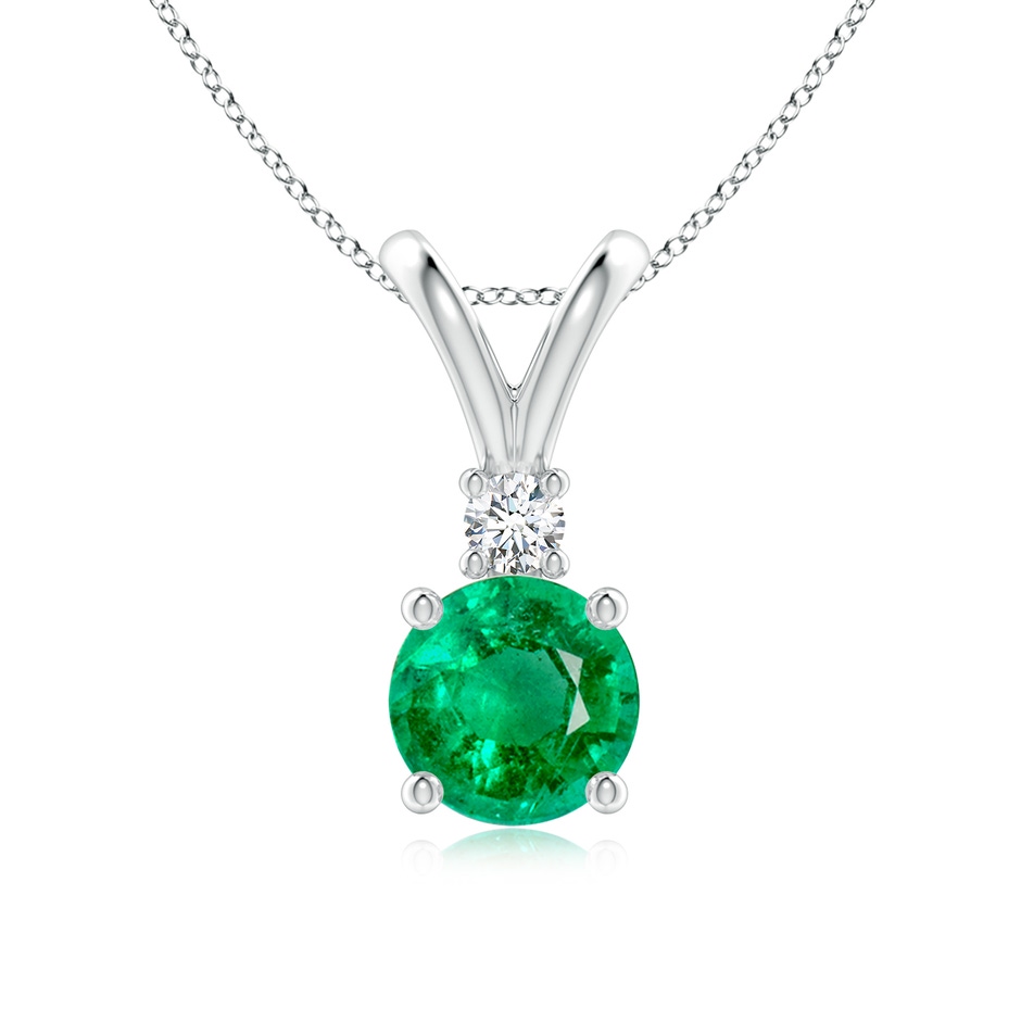7mm AAA Round Emerald Solitaire V-Bale Pendant with Diamond in White Gold 