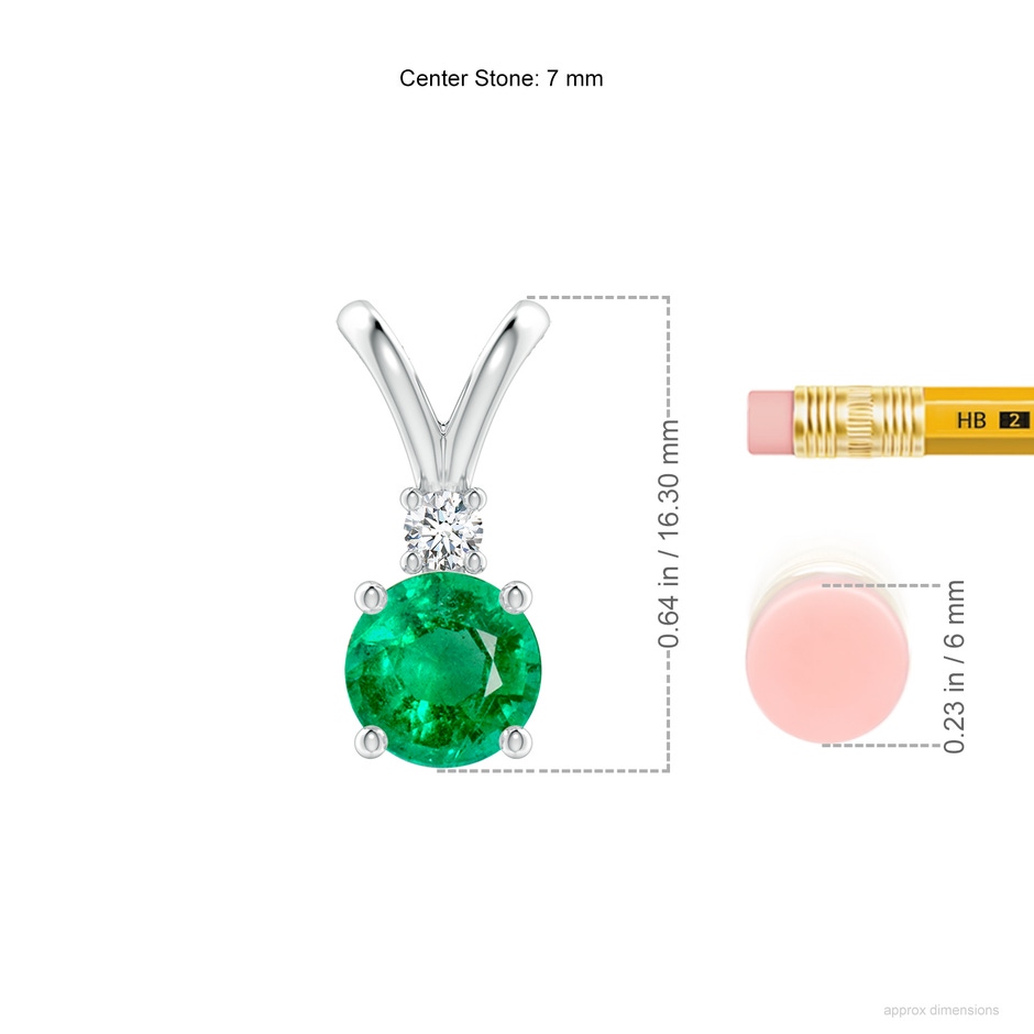 7mm AAA Round Emerald Solitaire V-Bale Pendant with Diamond in White Gold ruler