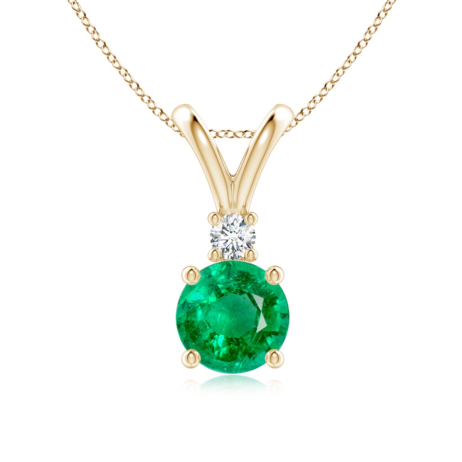 7mm AAA Round Emerald Solitaire V-Bale Pendant with Diamond in Yellow Gold 