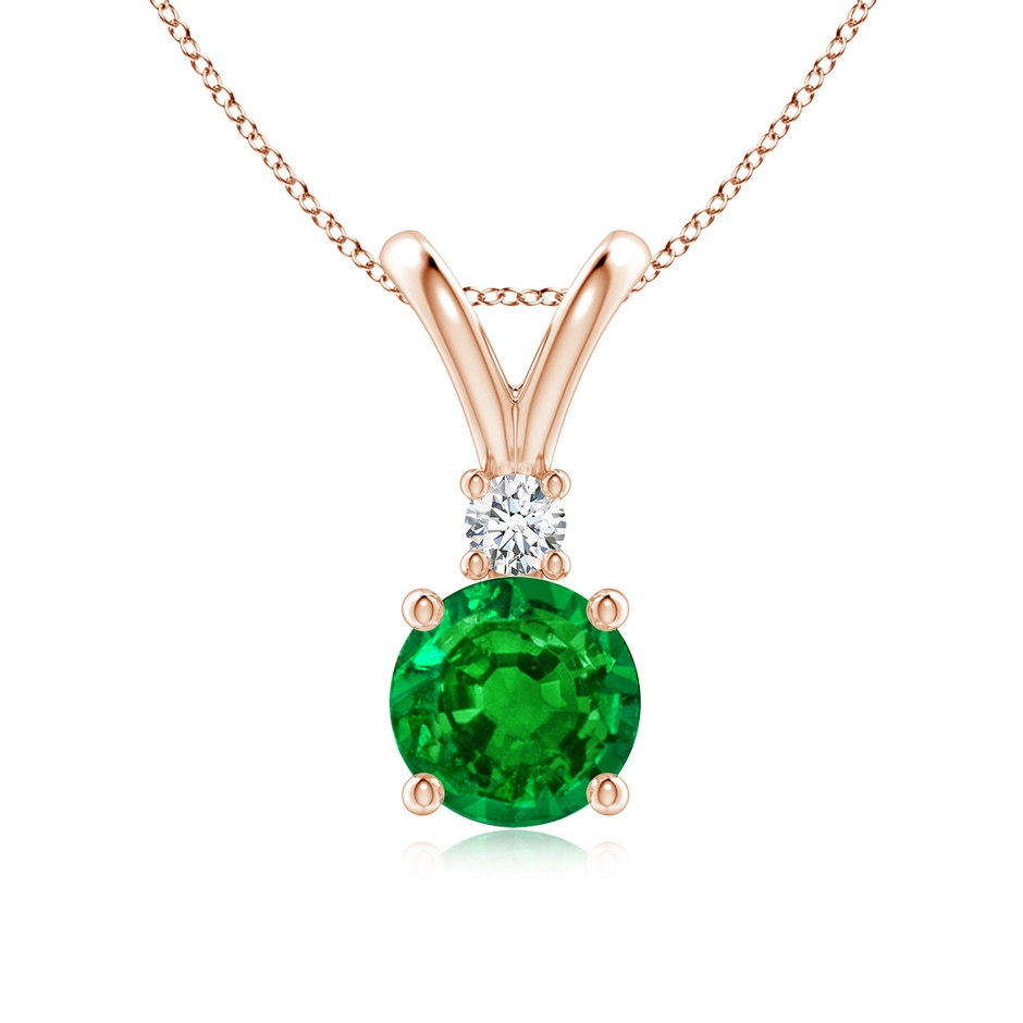 7mm AAAA Round Emerald Solitaire V-Bale Pendant with Diamond in Rose Gold 
