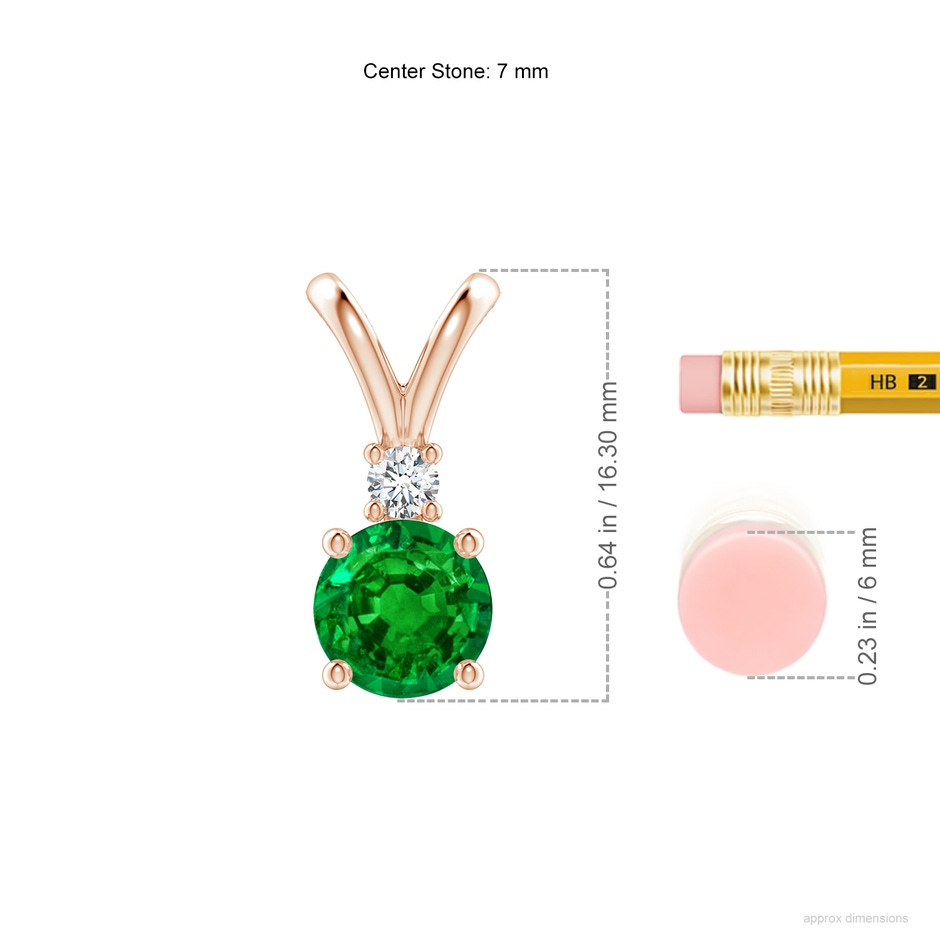 7mm AAAA Round Emerald Solitaire V-Bale Pendant with Diamond in Rose Gold ruler