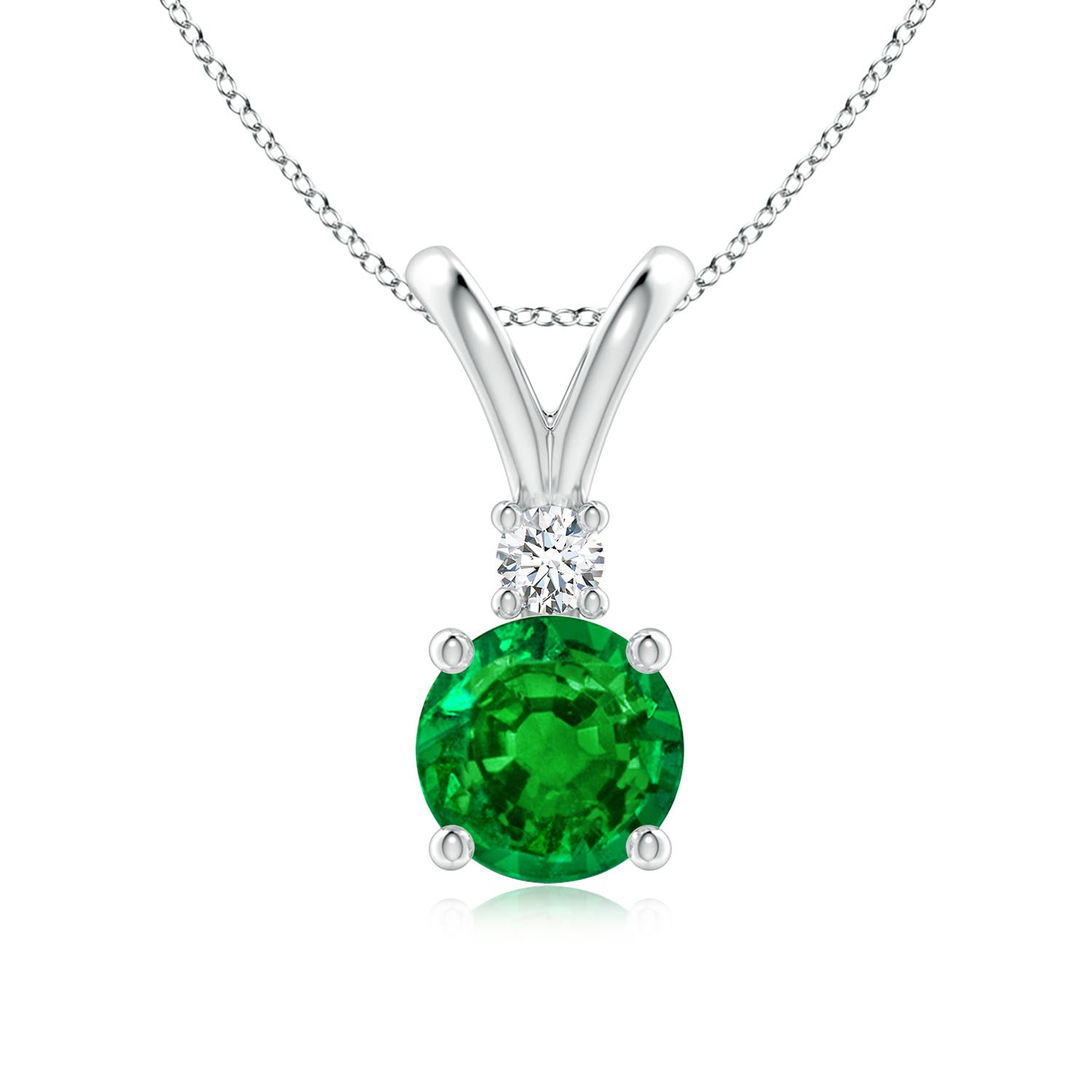 7mm AAAA Round Emerald Solitaire V-Bale Pendant with Diamond in White Gold