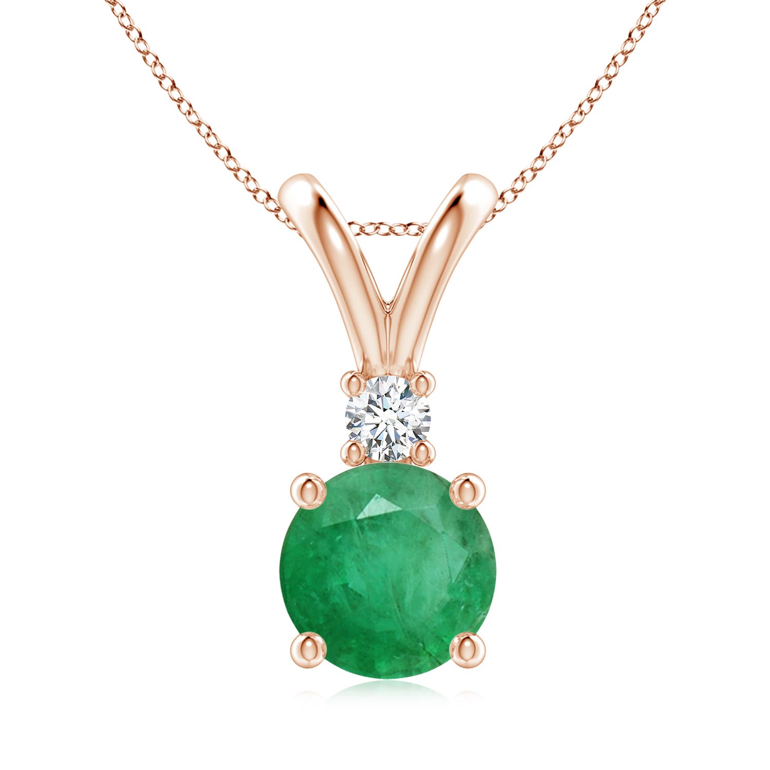 8mm A Round Emerald Solitaire V-Bale Pendant with Diamond in Rose Gold