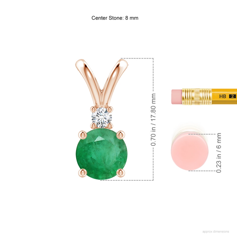 8mm A Round Emerald Solitaire V-Bale Pendant with Diamond in Rose Gold ruler