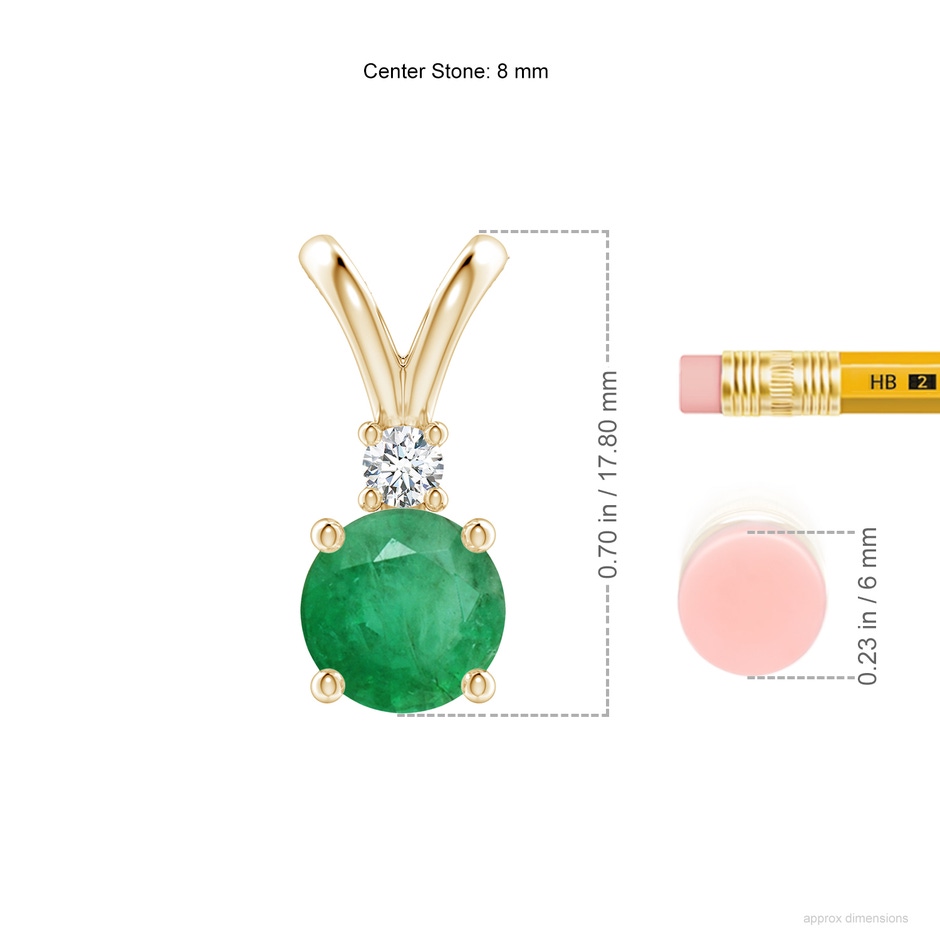 8mm A Round Emerald Solitaire V-Bale Pendant with Diamond in Yellow Gold ruler