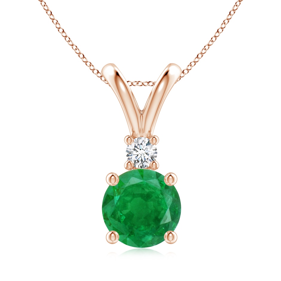 8mm AA Round Emerald Solitaire V-Bale Pendant with Diamond in Rose Gold 