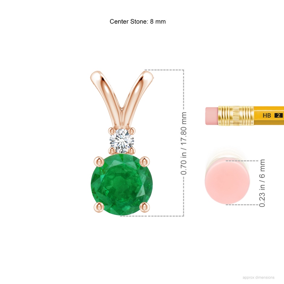 8mm AA Round Emerald Solitaire V-Bale Pendant with Diamond in Rose Gold ruler