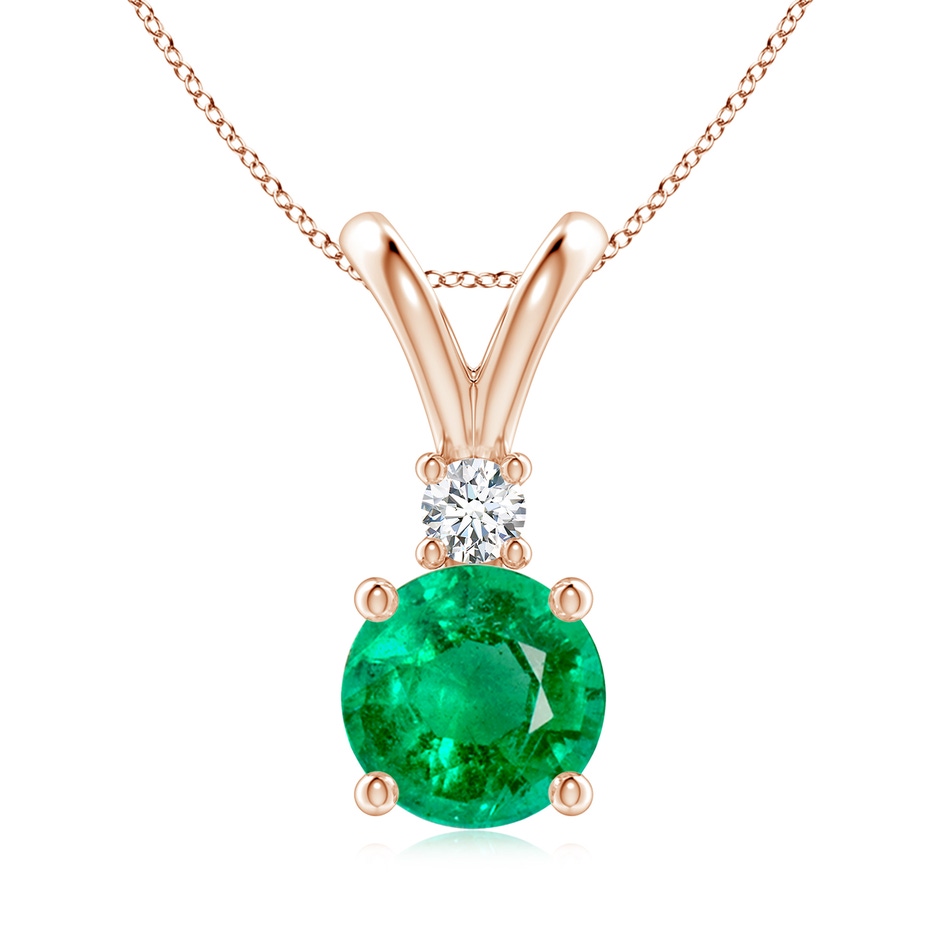 8mm AAA Round Emerald Solitaire V-Bale Pendant with Diamond in Rose Gold 
