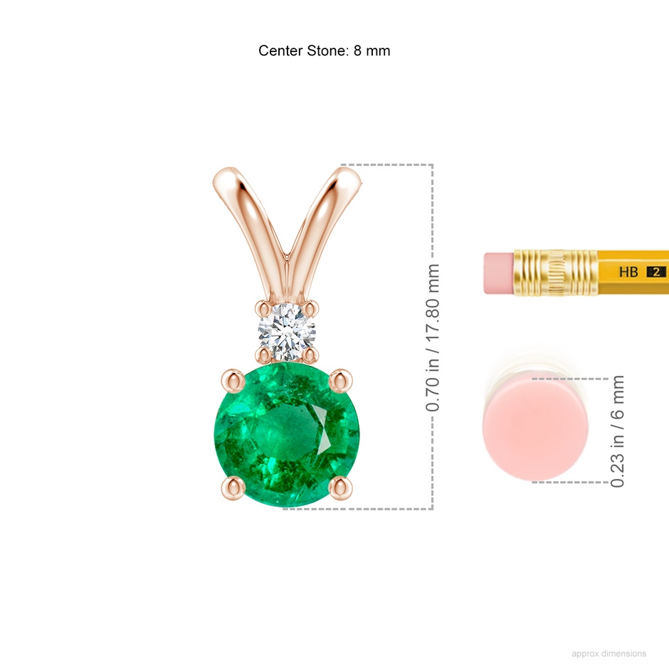 8mm AAA Round Emerald Solitaire V-Bale Pendant with Diamond in Rose Gold ruler